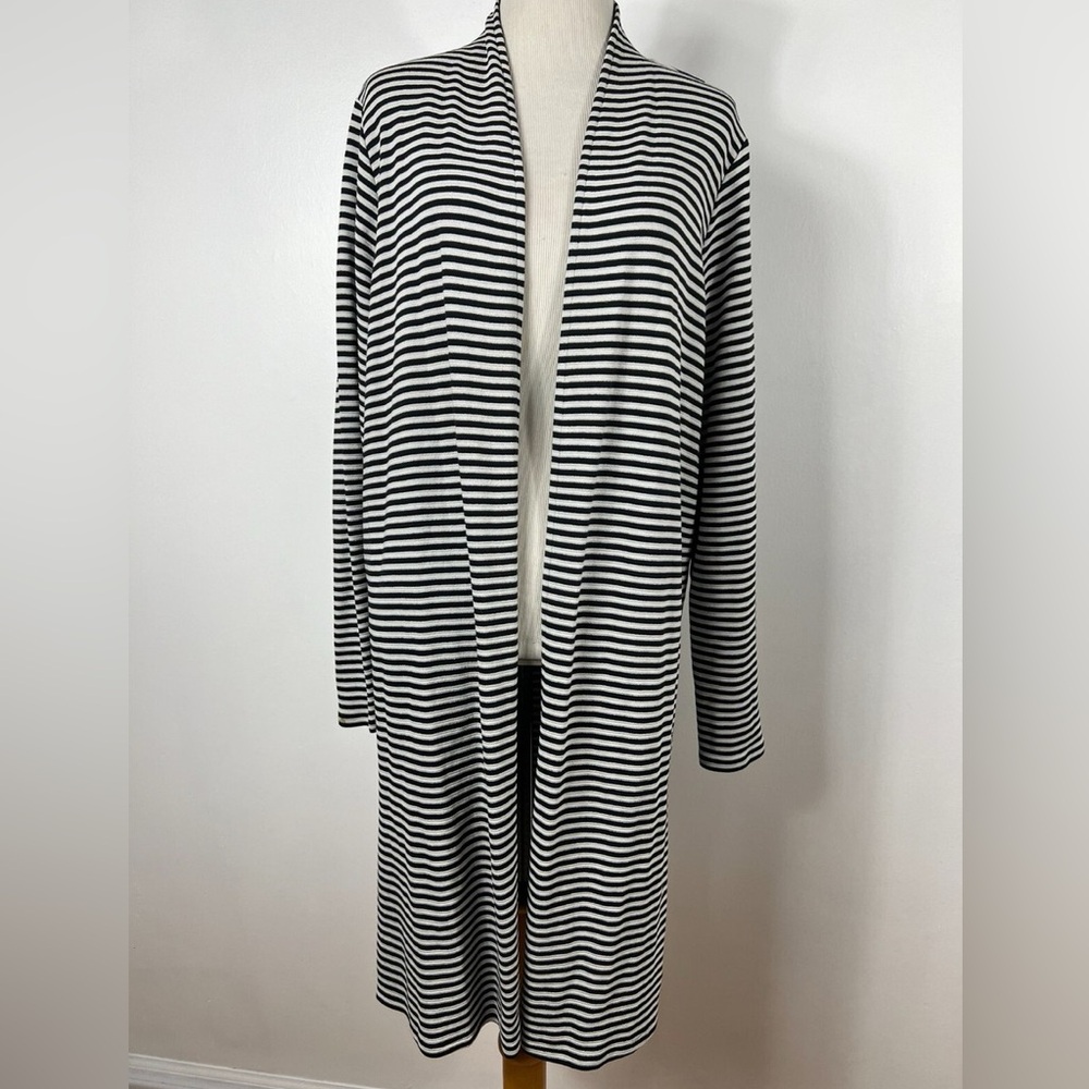 J Jill Wearever Collection Blk/Crm Stripe L/S Open Front Tunic Cardigan Sz XS